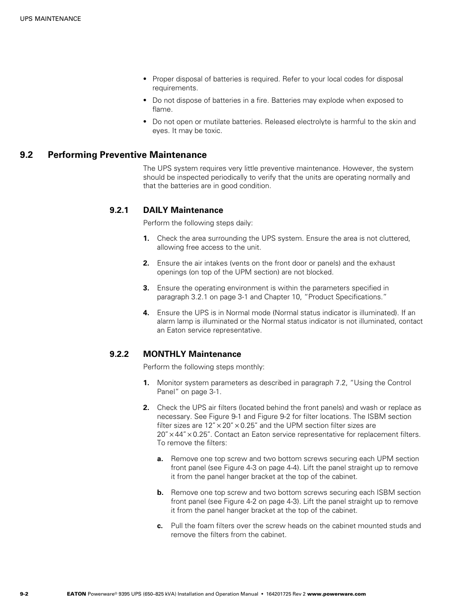 2 performing preventive maintenance, 1 daily maintenance, 2 monthly maintenance | Powerware 9395 UPS and Plus 1 UPS 650825 kVA User Manual | Page 182 / 192