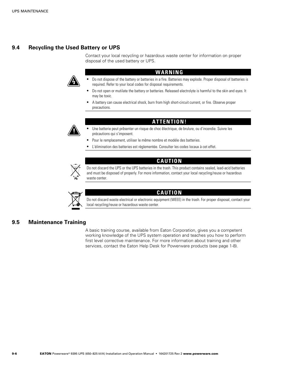 4 recycling the used battery or ups, 5 maintenance training | Powerware 9395 UPS and Plus 1 UPS 650825 kVA User Manual | Page 186 / 192