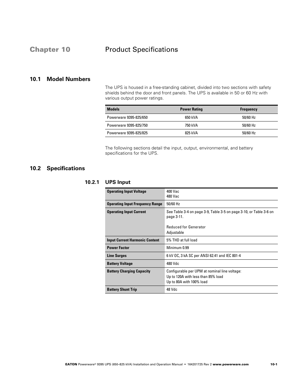 Chapter 10 product specifications, 1 model numbers, 2 specifications | 1 ups input | Powerware 9395 UPS and Plus 1 UPS 650825 kVA User Manual | Page 187 / 192