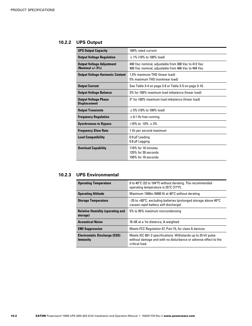 2 ups output, 3 ups environmental | Powerware 9395 UPS and Plus 1 UPS 650825 kVA User Manual | Page 188 / 192