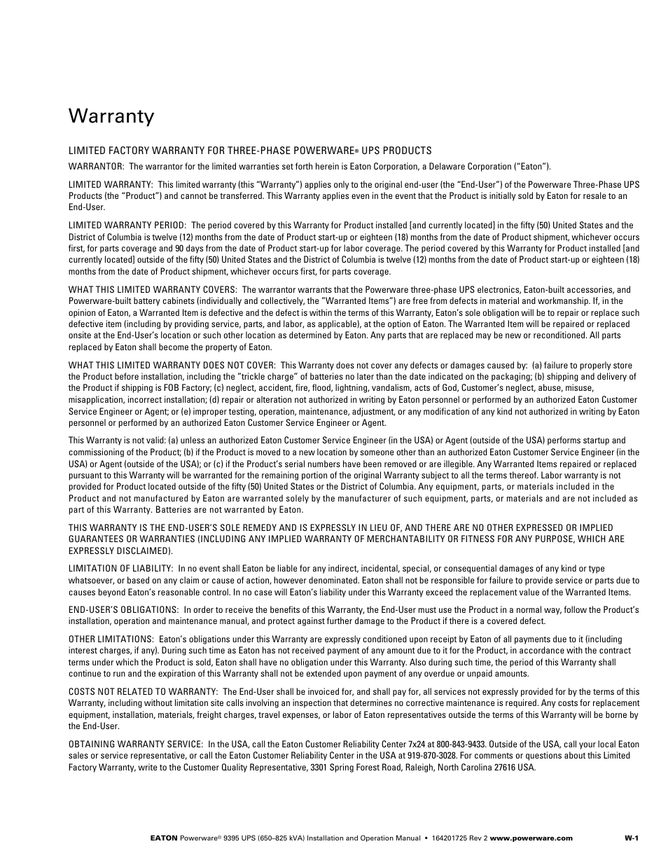 Warranty | Powerware 9395 UPS and Plus 1 UPS 650825 kVA User Manual | Page 189 / 192