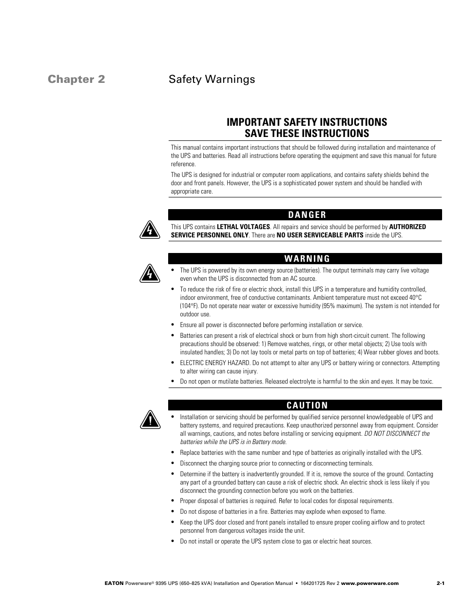 Chapter 2 safety warnings | Powerware 9395 UPS and Plus 1 UPS 650825 kVA User Manual | Page 19 / 192