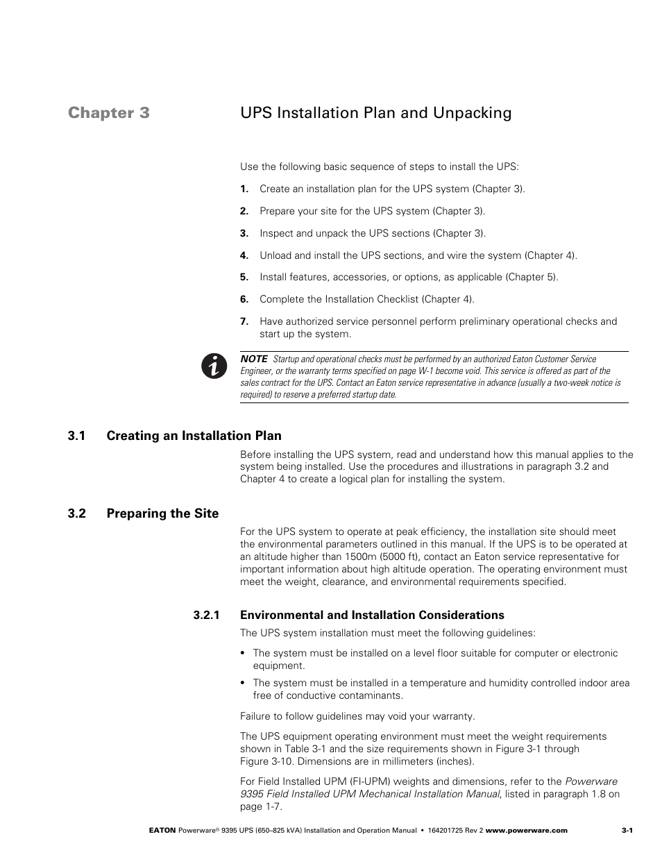 Chapter 3 ups installation plan and unpacking, 1 creating an installation plan, 2 preparing the site | 1 environmental and installation considerations | Powerware 9395 UPS and Plus 1 UPS 650825 kVA User Manual | Page 23 / 192