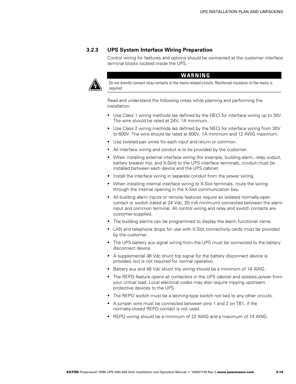 3 ups system interface wiring preparation | Powerware 9395 UPS and Plus 1 UPS 650825 kVA User Manual | Page 41 / 192