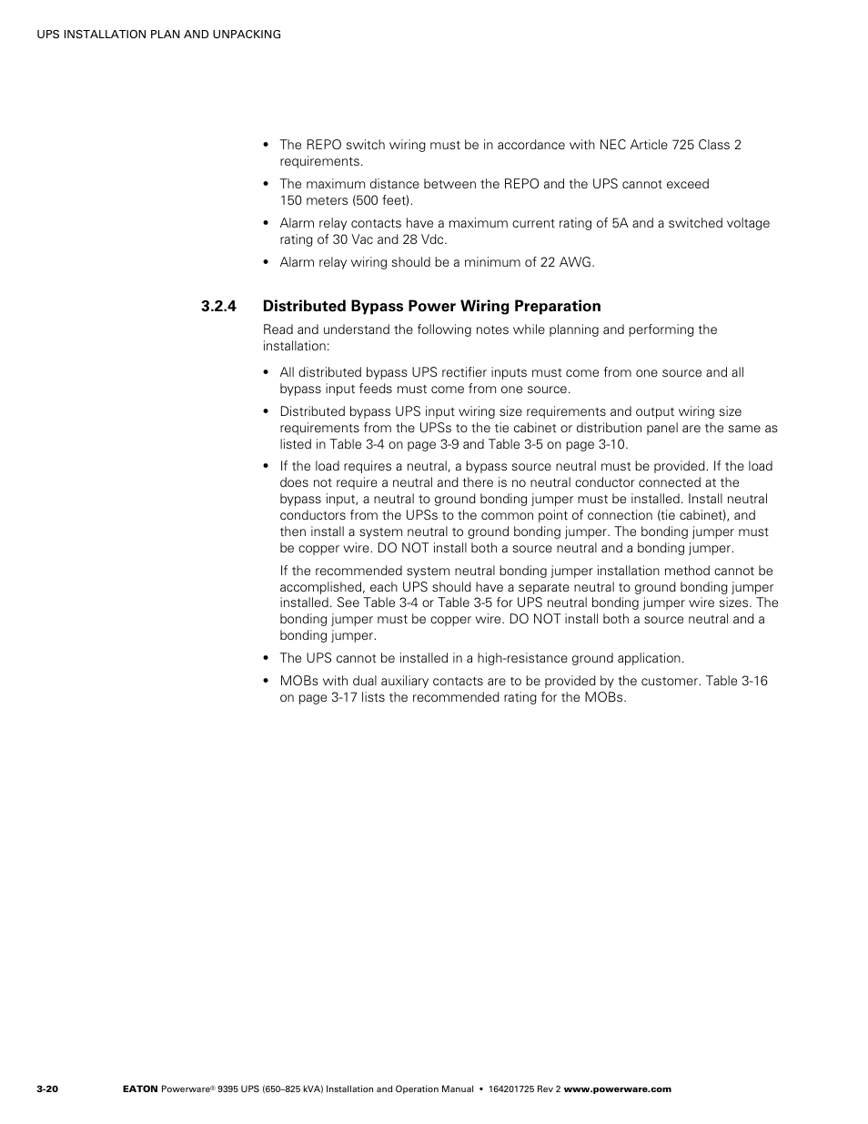 4 distributed bypass power wiring preparation | Powerware 9395 UPS and Plus 1 UPS 650825 kVA User Manual | Page 42 / 192