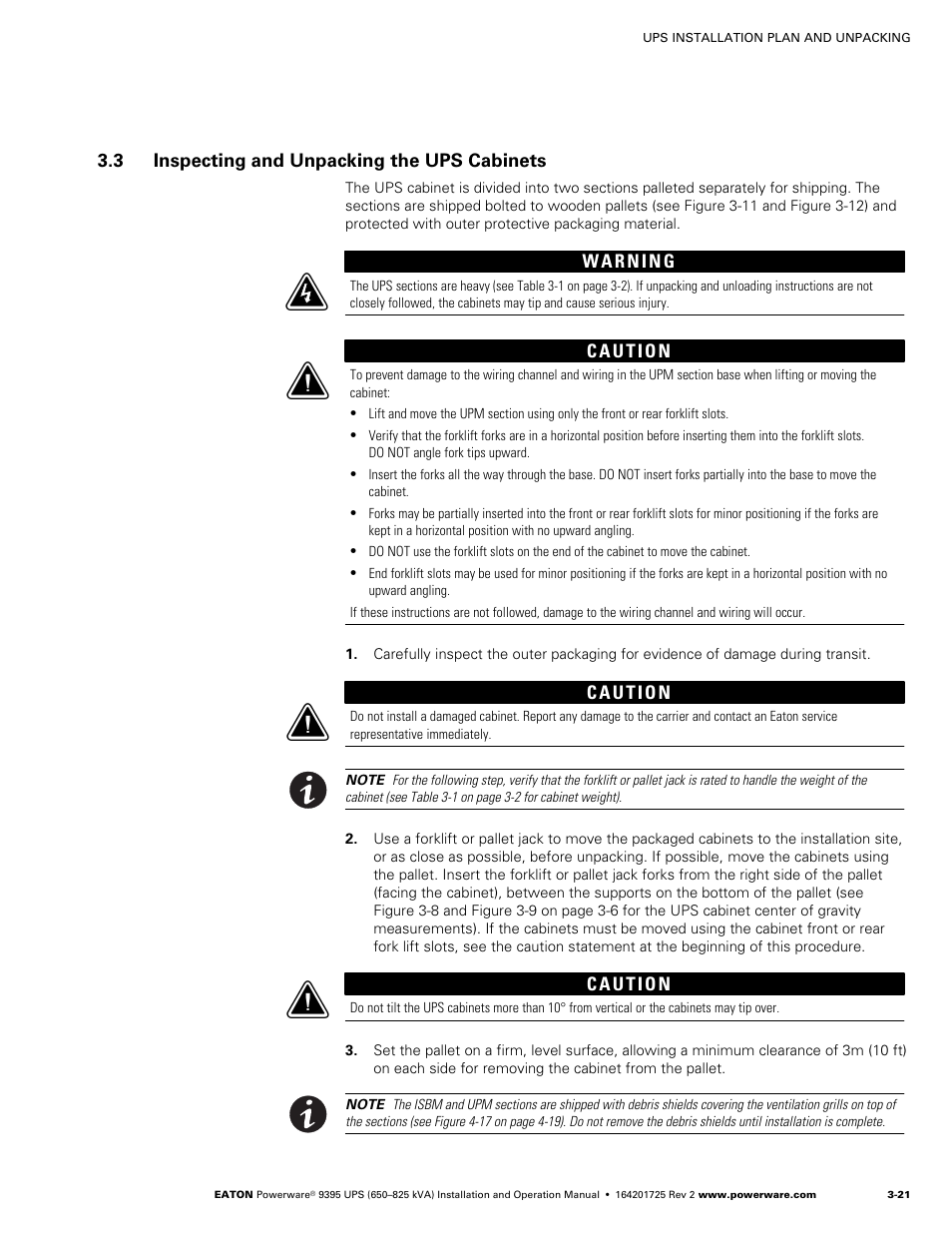 3 inspecting and unpacking the ups cabinets | Powerware 9395 UPS and Plus 1 UPS 650825 kVA User Manual | Page 43 / 192