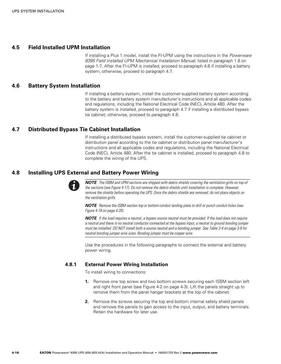 5 field installed upm installation, 6 battery system installation, 7 distributed bypass tie cabinet installation | 8 installing ups external and battery power wiring, 1 external power wiring installation | Powerware 9395 UPS and Plus 1 UPS 650825 kVA User Manual | Page 64 / 192