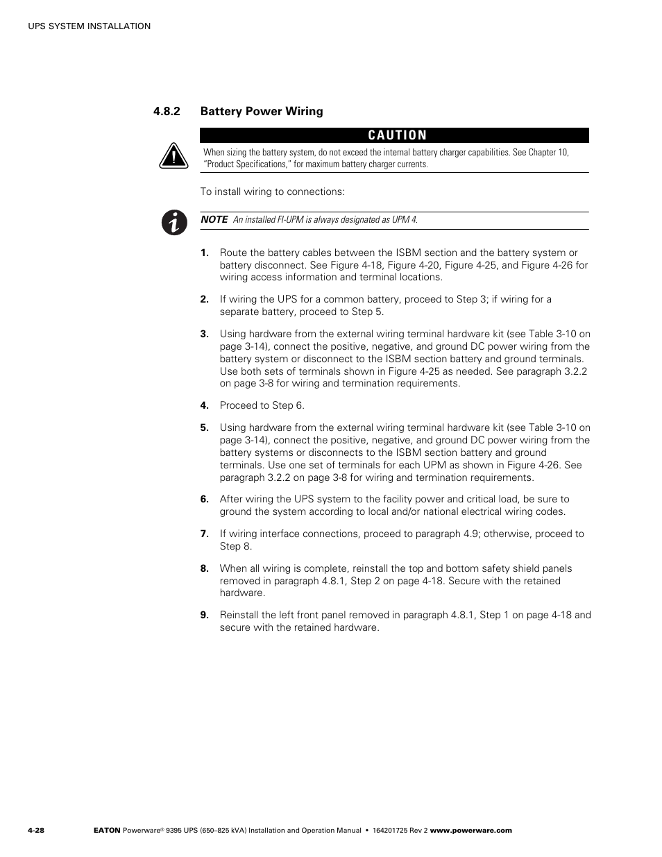 2 battery power wiring, Proceed to paragraph 4.8.2 | Powerware 9395 UPS and Plus 1 UPS 650825 kVA User Manual | Page 74 / 192