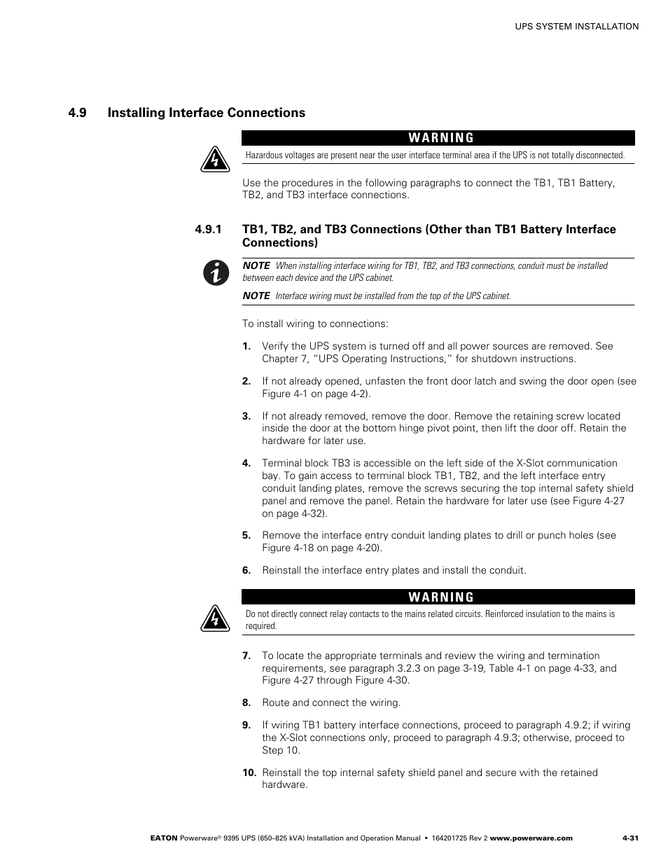 9 installing interface connections, 9 installing interface connections w | Powerware 9395 UPS and Plus 1 UPS 650825 kVA User Manual | Page 77 / 192