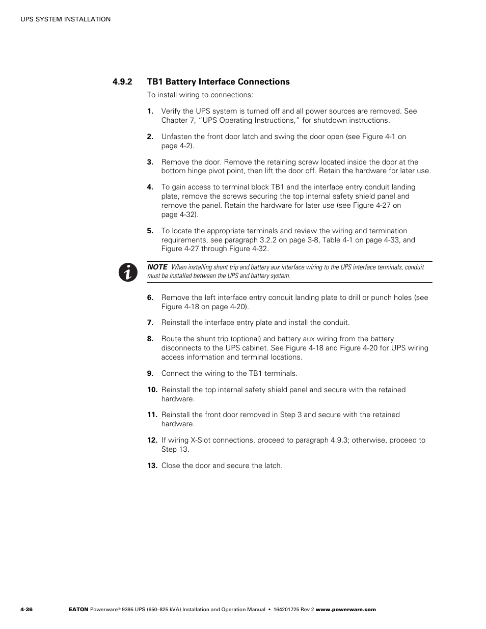 2 tb1 battery interface connections | Powerware 9395 UPS and Plus 1 UPS 650825 kVA User Manual | Page 82 / 192