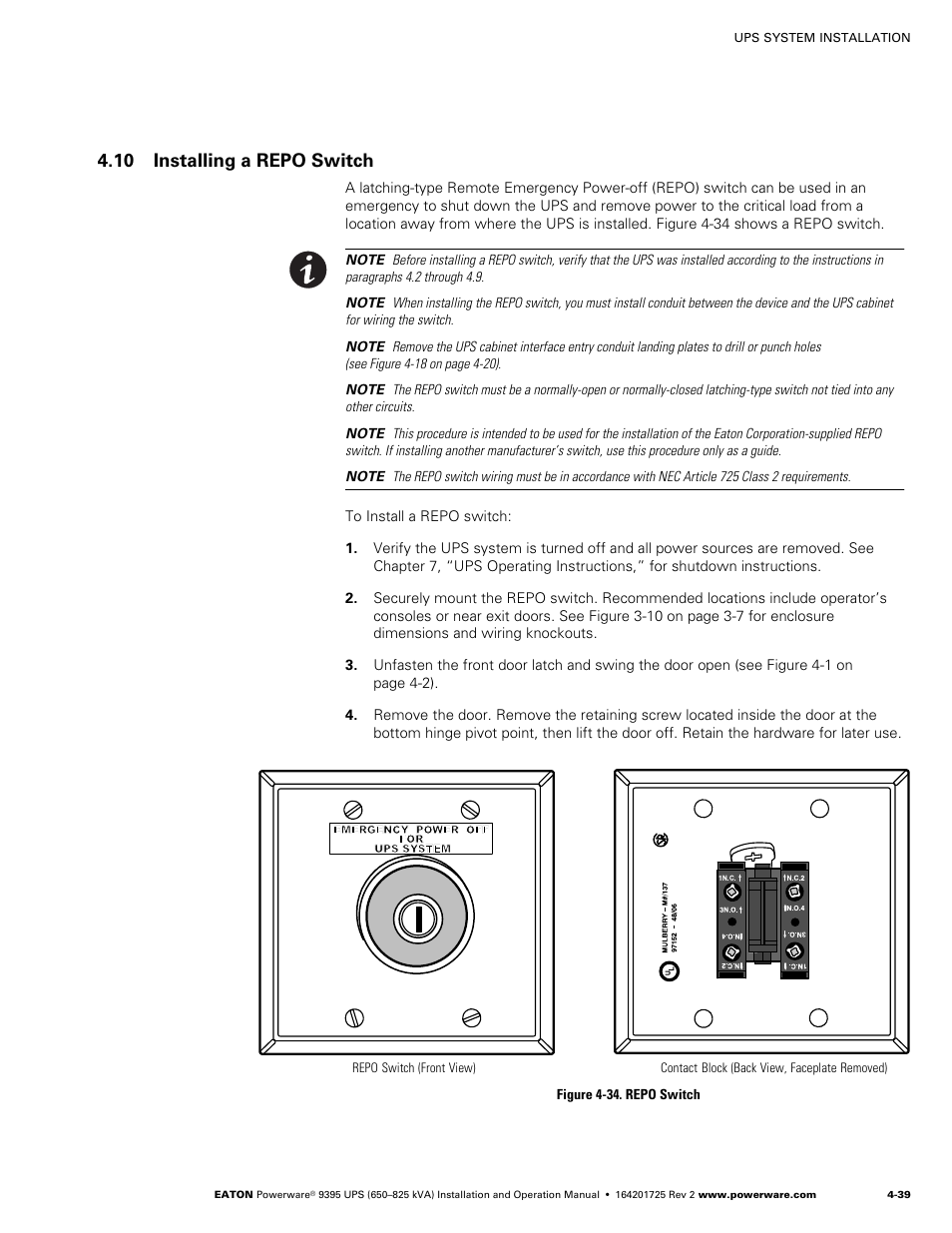 10 installing a repo switch | Powerware 9395 UPS and Plus 1 UPS 650825 kVA User Manual | Page 85 / 192