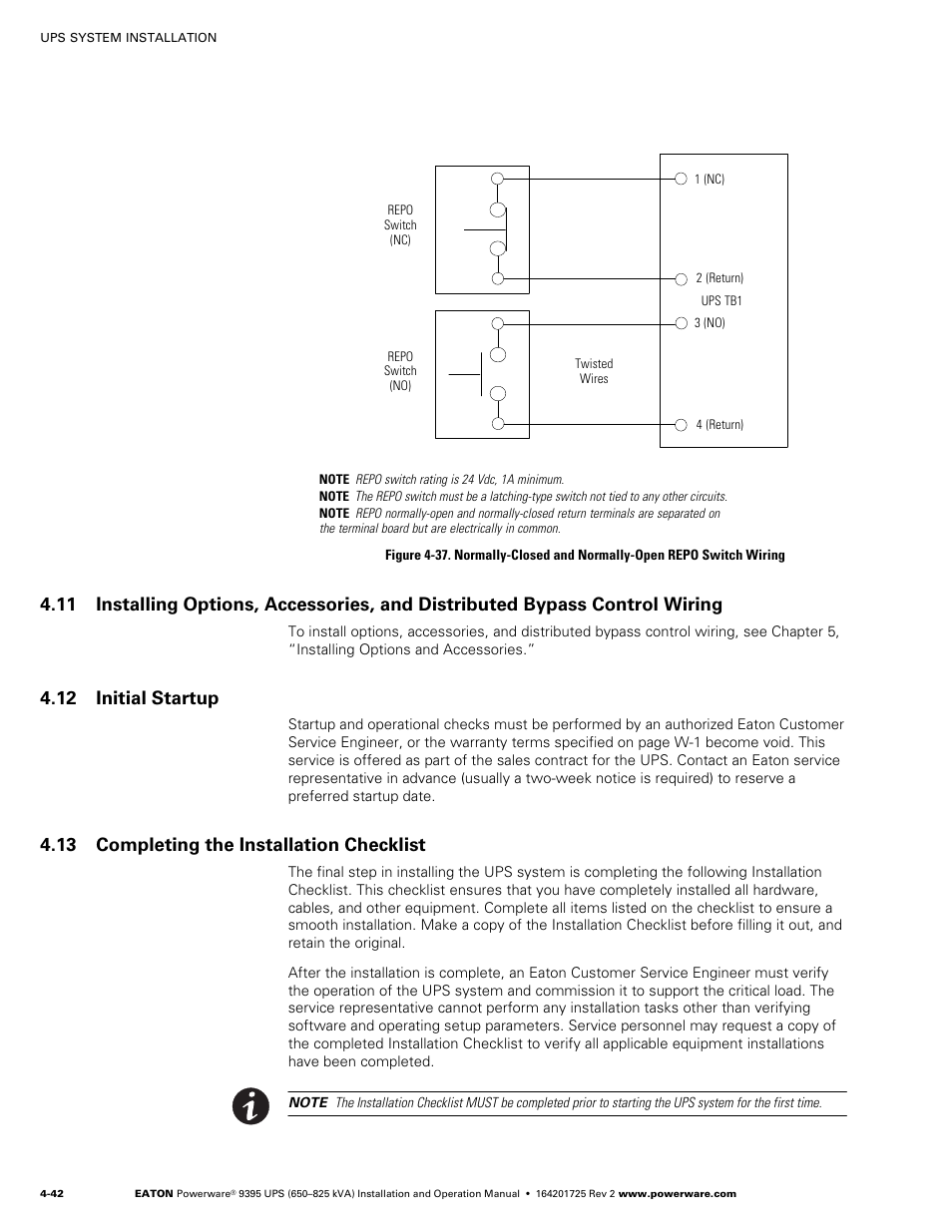 12 initial startup, 13 completing the installation checklist | Powerware 9395 UPS and Plus 1 UPS 650825 kVA User Manual | Page 88 / 192