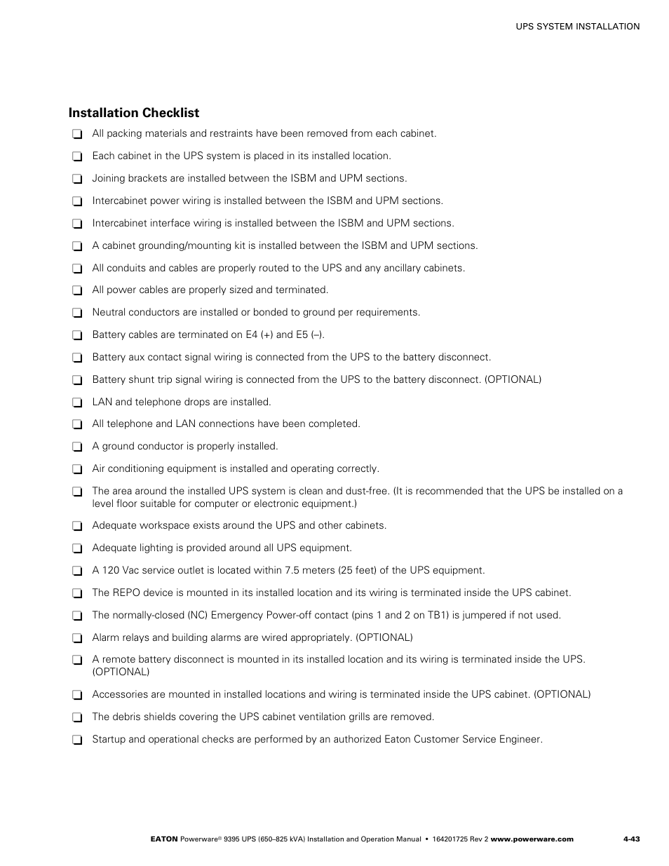 Installation checklist | Powerware 9395 UPS and Plus 1 UPS 650825 kVA User Manual | Page 89 / 192