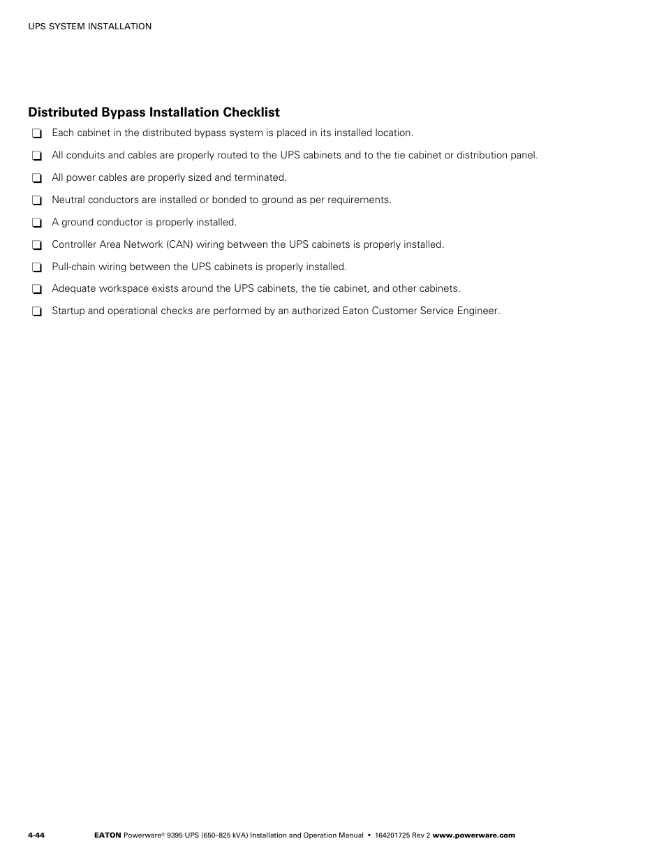 Distributed bypass installation checklist | Powerware 9395 UPS and Plus 1 UPS 650825 kVA User Manual | Page 90 / 192