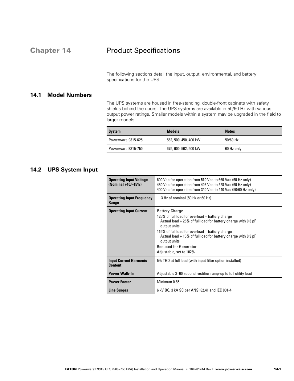 Chapter 14 - product specifications, 1 model numbers, 2 ups system input | Product specifications, Model numbers, Ups system input, Chapter 14 product specifications | Powerware 9315 User Manual | Page 107 / 154