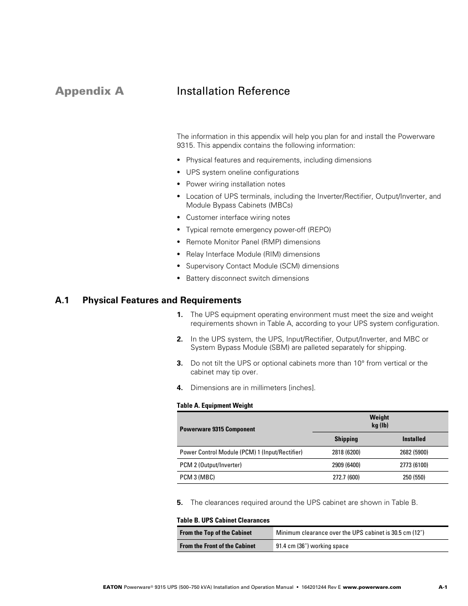 Appendix a - installation reference, A.1 physical features and requirements, Appendix a – installation reference | Physical features and requirements, Appendix a, Installation reference | Powerware 9315 User Manual | Page 111 / 154