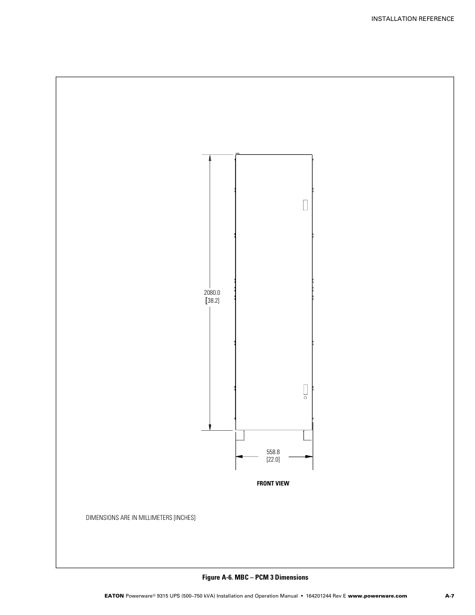 Figure a‐6. mbc – pcm 3 dimensions | Powerware 9315 User Manual | Page 117 / 154