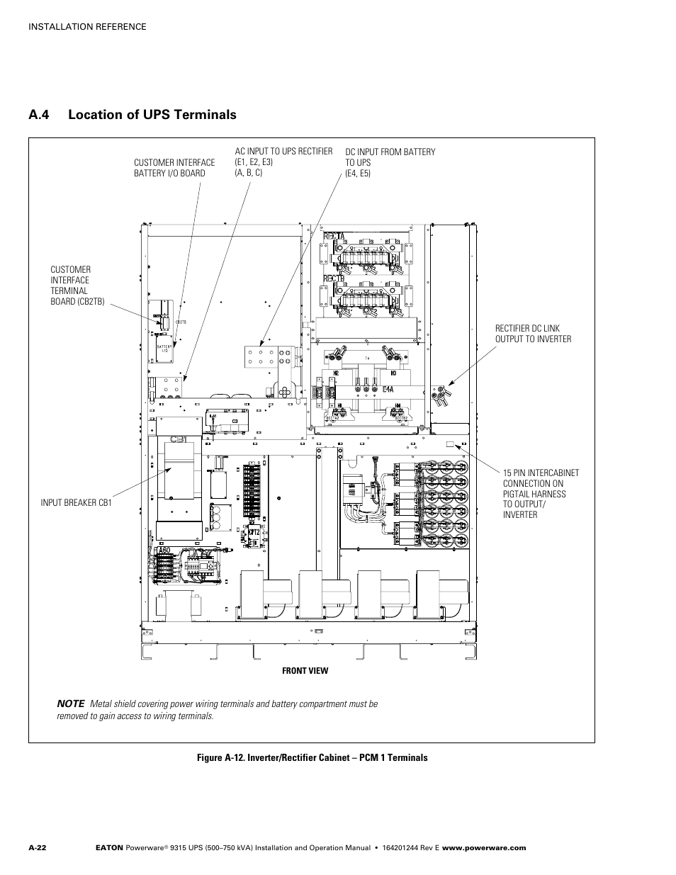 A.4 location of ups terminals, Location of ups terminals, A-22 | Powerware 9315 User Manual | Page 132 / 154