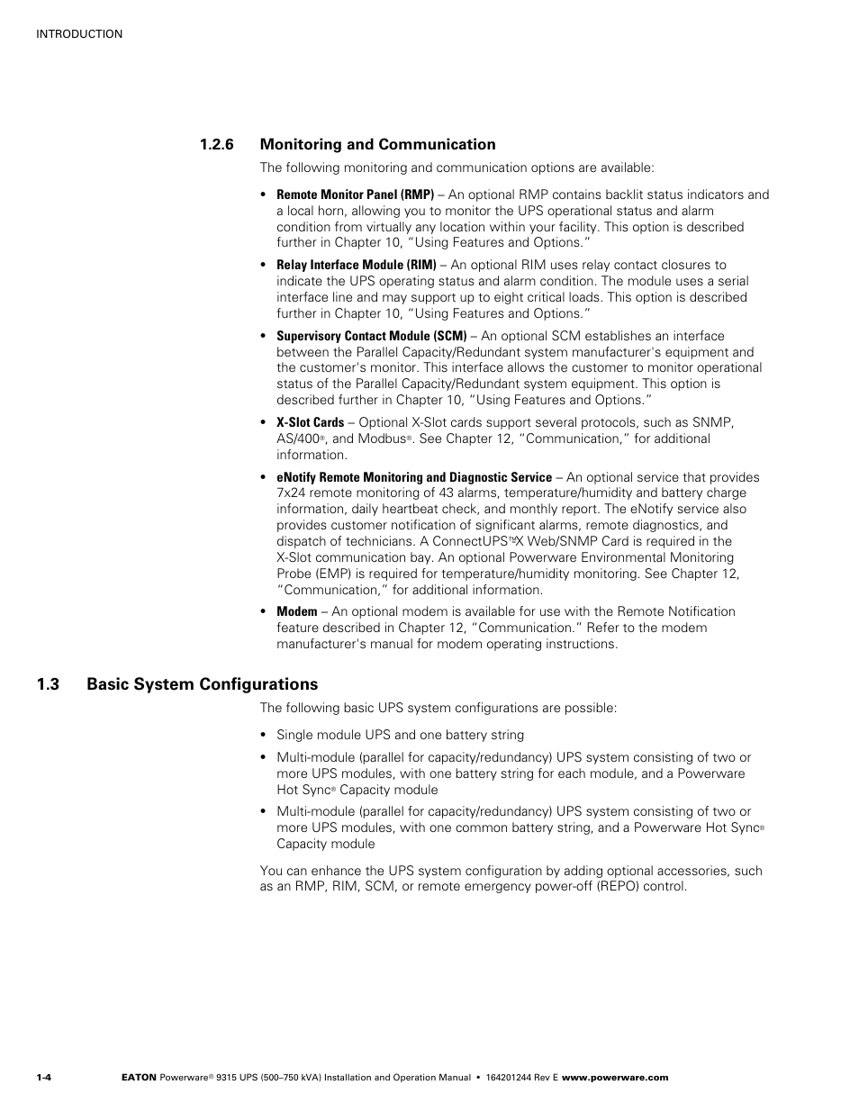 6 monitoring and communication, 3 basic system configurations, Monitoring and communication | Basic system configurations | Powerware 9315 User Manual | Page 14 / 154