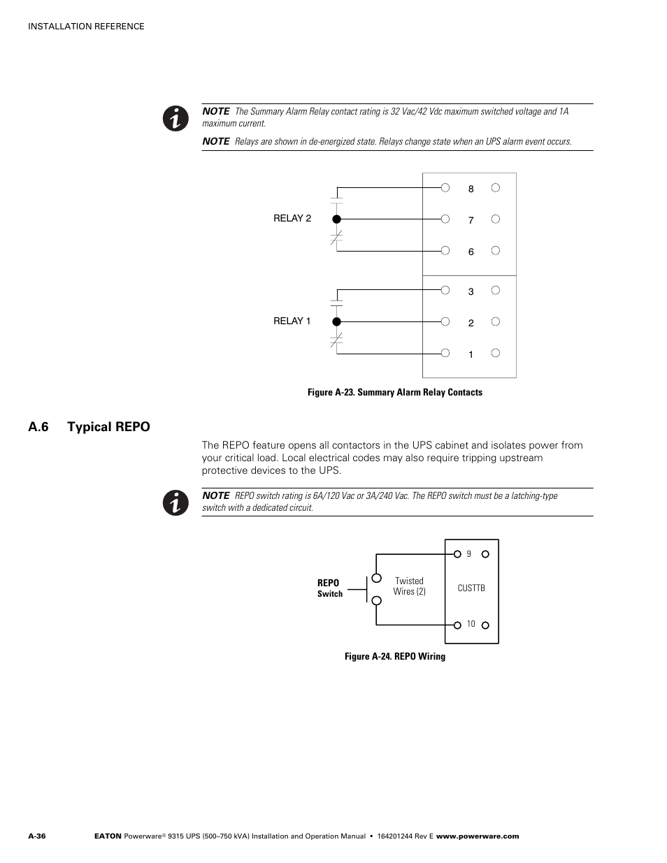 A.6 typical repo, Typical repo, A-36 | Figure a‐23. summary alarm relay contacts, Figure a‐24. repo wiring | Powerware 9315 User Manual | Page 146 / 154