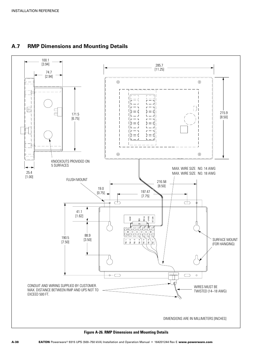 A.7 rmp dimensions and mounting details, Rmp dimensions and mounting details, A-38 | Figure a‐26. rmp dimensions and mounting details | Powerware 9315 User Manual | Page 148 / 154