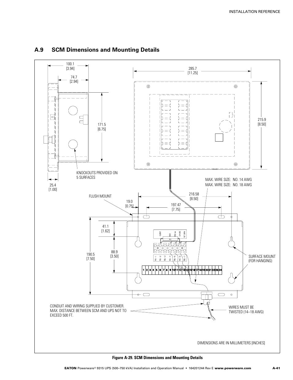 A.9 scm dimensions and mounting details, Scm dimensions and mounting details, A-41 | Figure a‐29. scm dimensions and mounting details | Powerware 9315 User Manual | Page 151 / 154