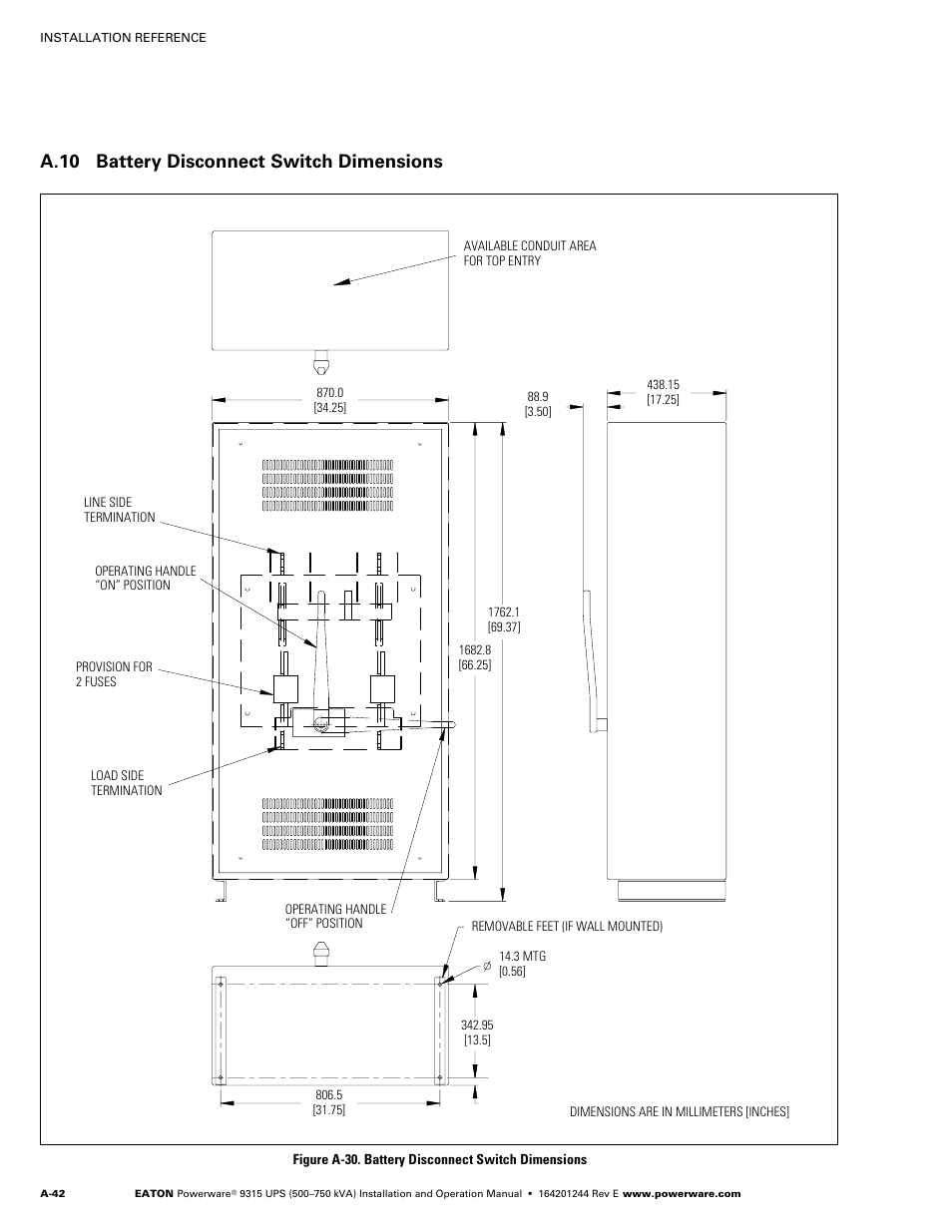 A.10 battery disconnect switch dimensions, A.10, Battery disconnect switch dimensions | A-42, Figure a‐30. battery disconnect switch dimensions | Powerware 9315 User Manual | Page 152 / 154