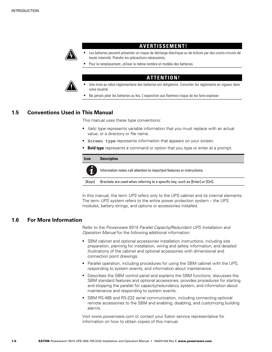 5 conventions used in this manual, 6 for more information, Conventions used in this manual | For more information | Powerware 9315 User Manual | Page 16 / 154