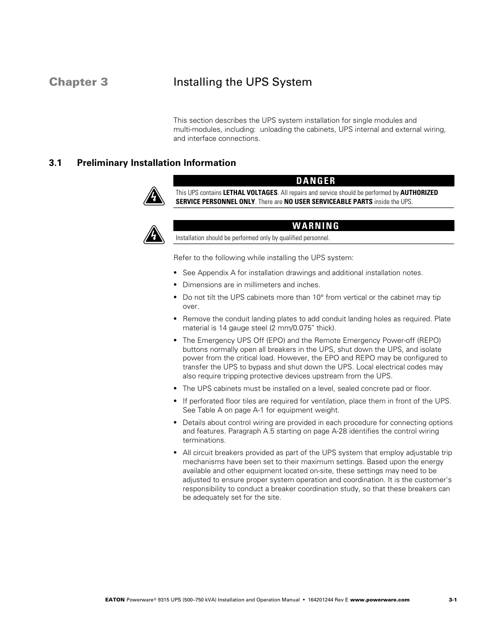 Chapter 3 - installing the ups system, 1 preliminary installation information, Installing the ups system | Preliminary installation information, Wire the system (chapter 3), Complete the installation checklist (chapter 3), Chapter 3 installing the ups system, 1 preliminary installation information d | Powerware 9315 User Manual | Page 25 / 154