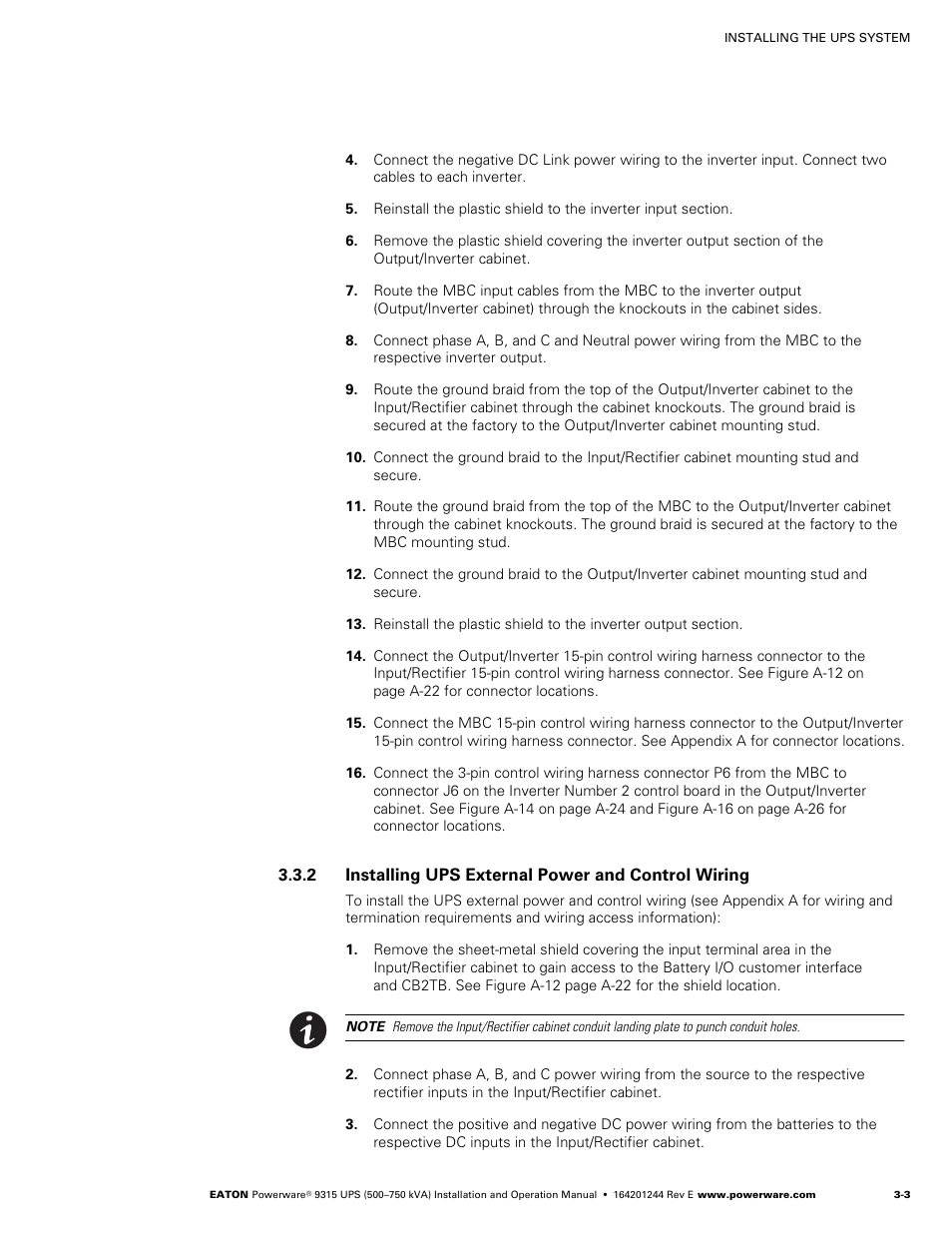 2 installing ups external power and control wiring, Installing ups external power and control wiring | Powerware 9315 User Manual | Page 27 / 154