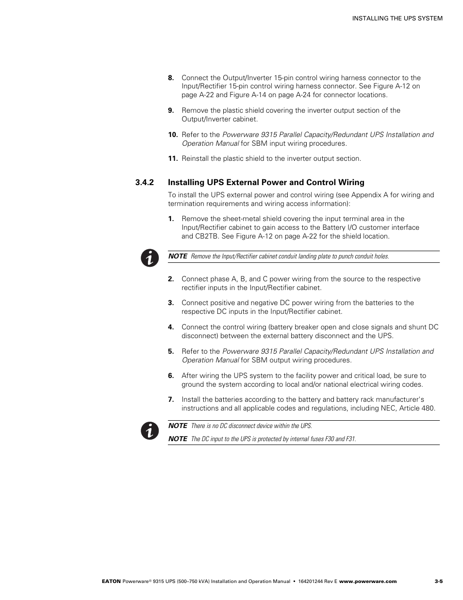 2 installing ups external power and control wiring, Installing ups external power and control wiring | Powerware 9315 User Manual | Page 29 / 154