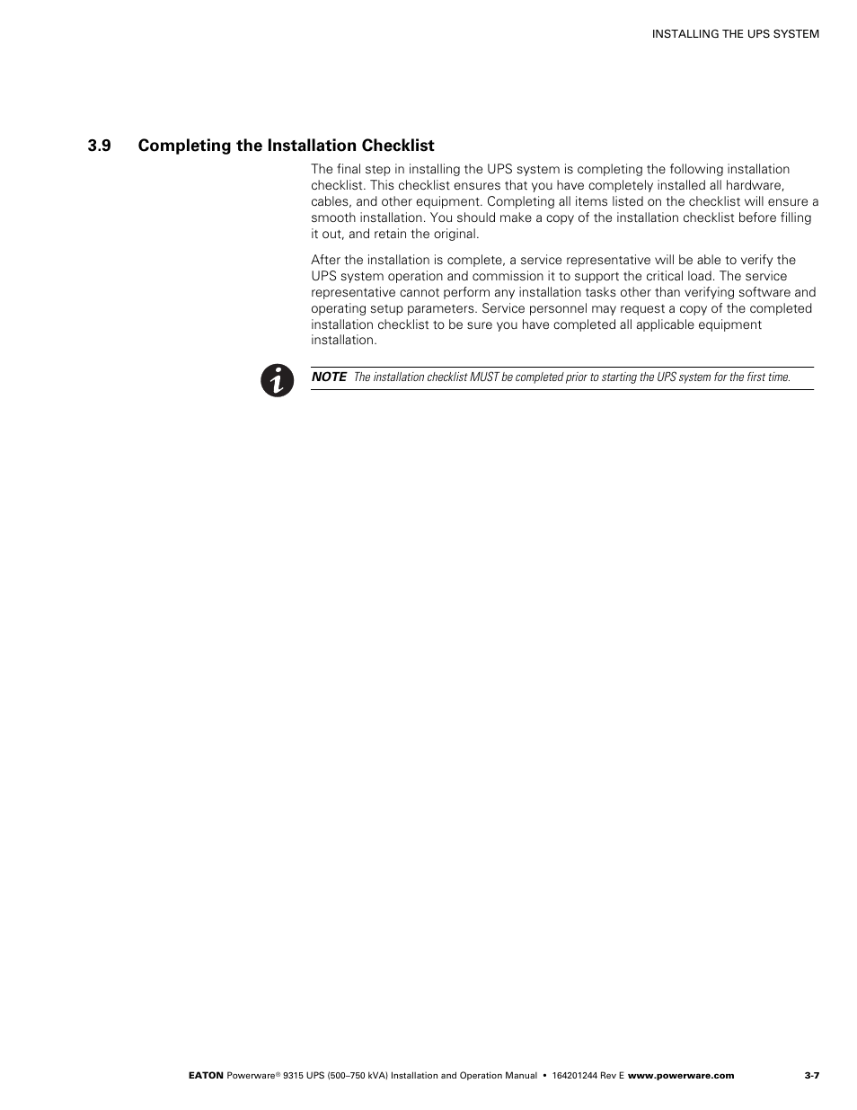 9 completing the installation checklist, Completing the installation checklist | Powerware 9315 User Manual | Page 31 / 154