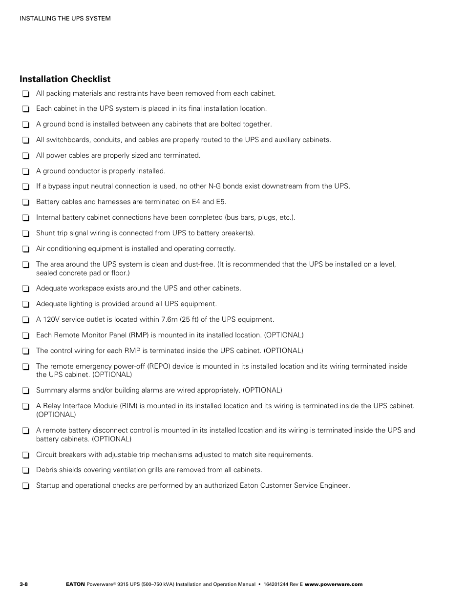 Installation checklist | Powerware 9315 User Manual | Page 32 / 154