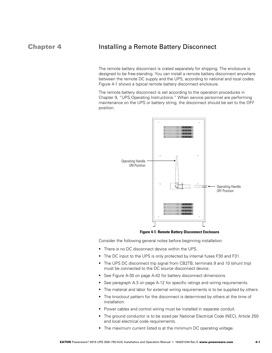 Chapter 4 - installing a remote battery disconnect, Installing a remote battery disconnect, Figure 4‐1. remote battery disconnect enclosure | Chapter 4 installing a remote battery disconnect | Powerware 9315 User Manual | Page 35 / 154