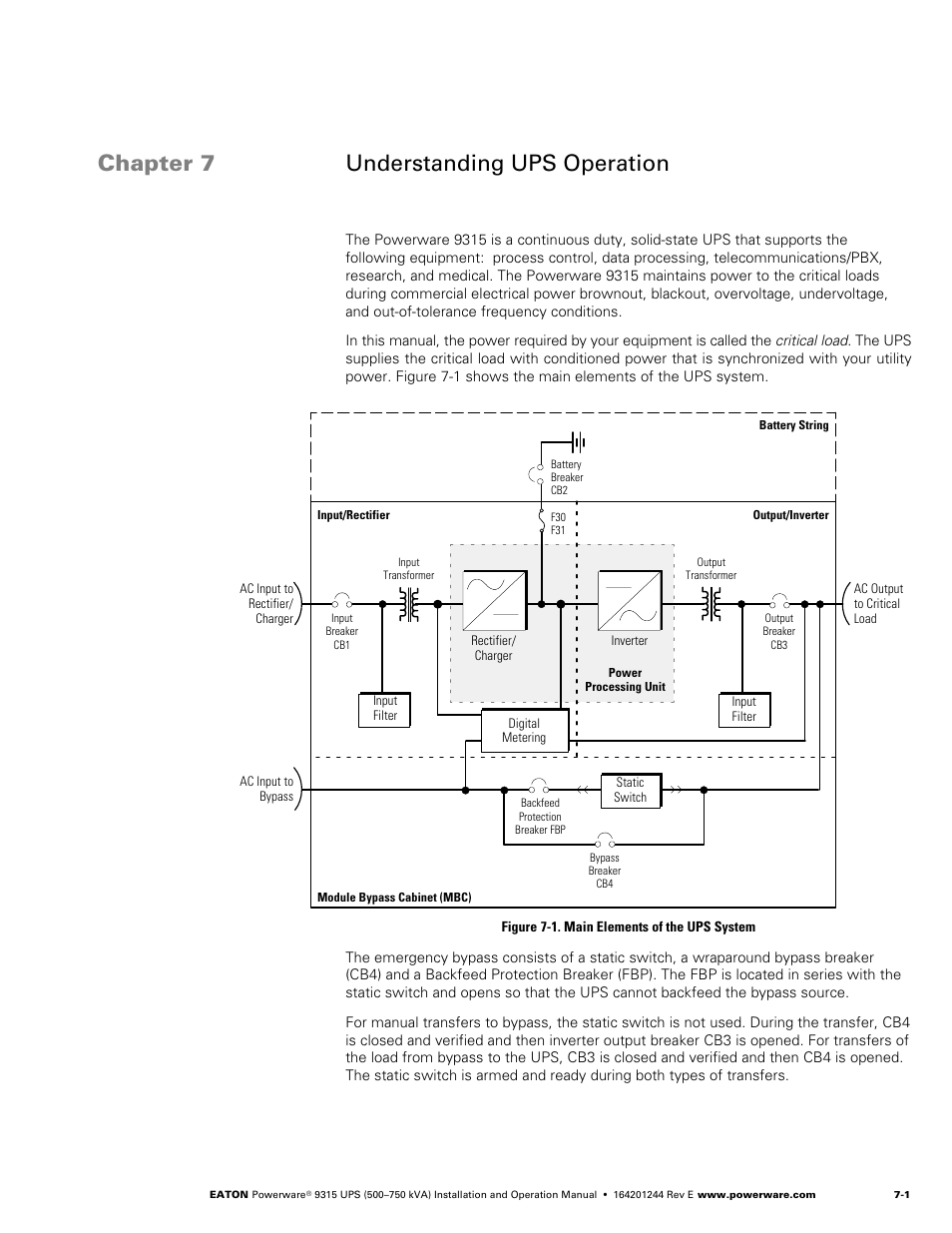 Chapter 7 - understanding ups operation, Understanding ups operation, Figure 7‐1. main elements of the ups system | Chapter 7 understanding ups operation | Powerware 9315 User Manual | Page 51 / 154