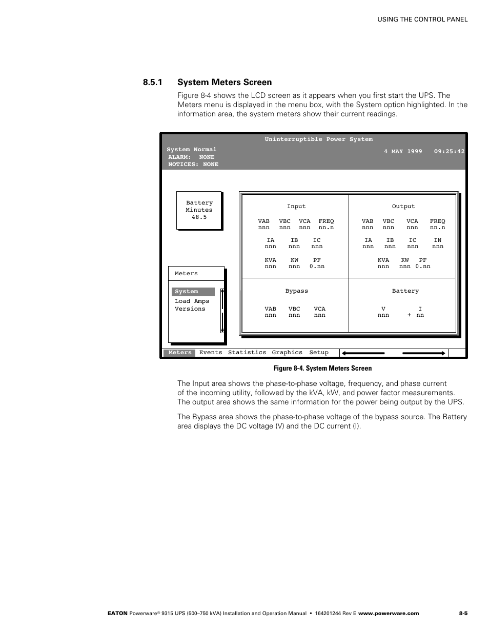 1 system meters screen, System meters screen, Figure 8‐4. system meters screen | Powerware 9315 User Manual | Page 61 / 154