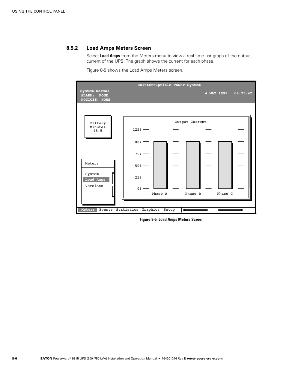 2 load amps meters screen, Load amps meters screen, Figure 8‐5. load amps meters screen | Powerware 9315 User Manual | Page 62 / 154