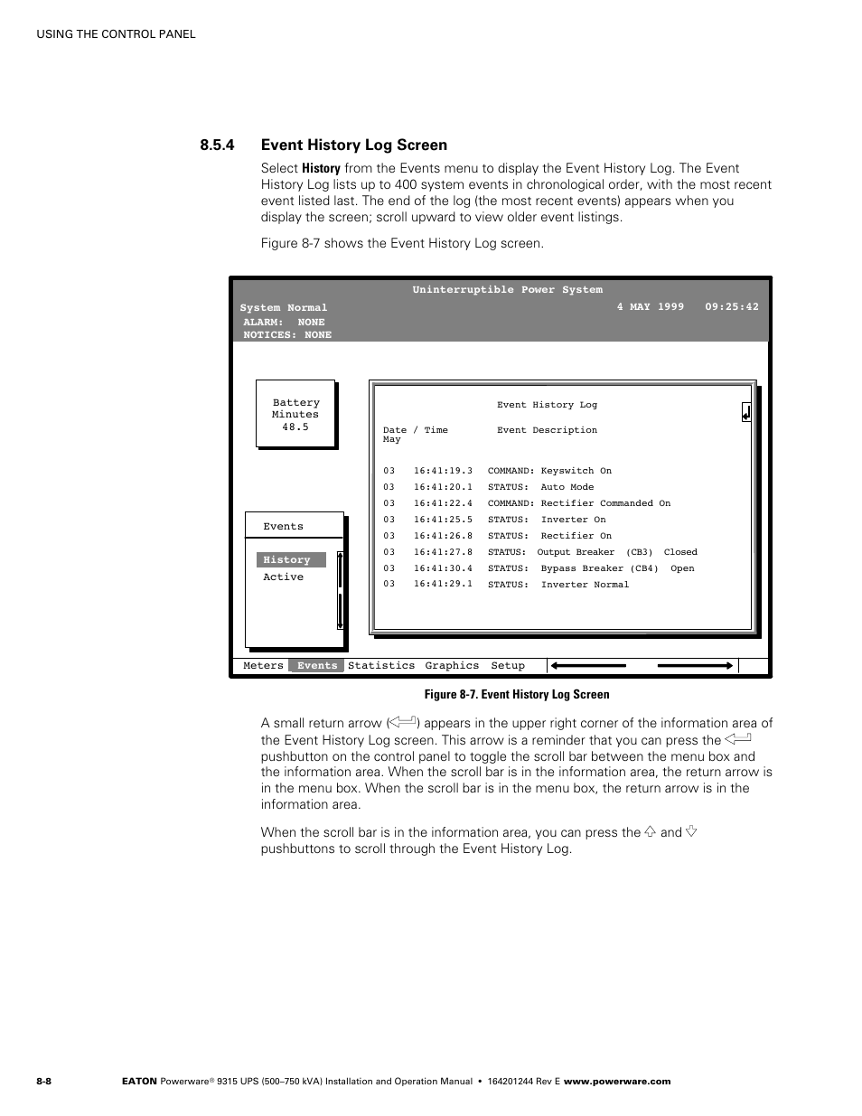 4 event history log screen, Event history log screen, Figure 8‐7. event history log screen | Powerware 9315 User Manual | Page 64 / 154