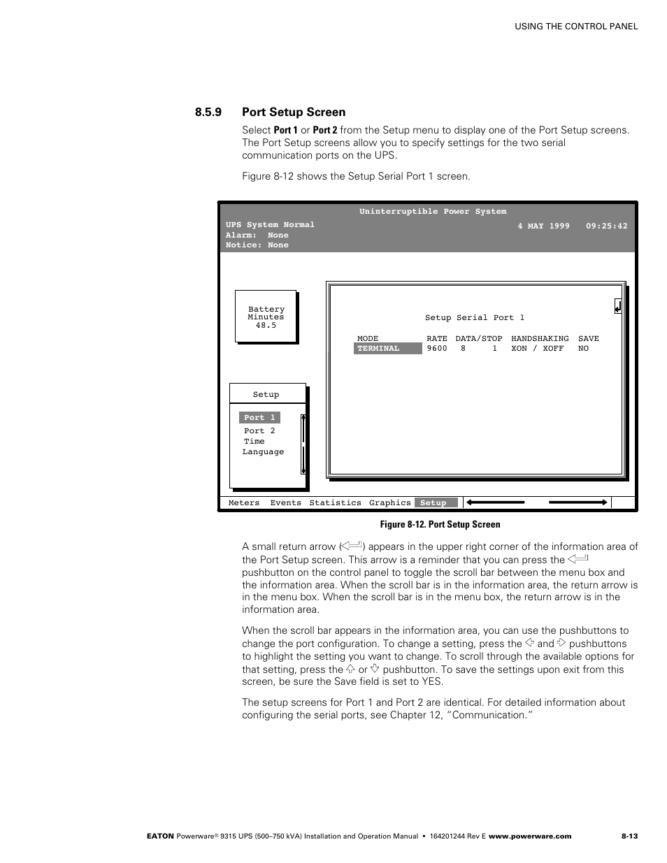 9 port setup screen, Port setup screen, Figure 8‐12. port setup screen | Powerware 9315 User Manual | Page 69 / 154