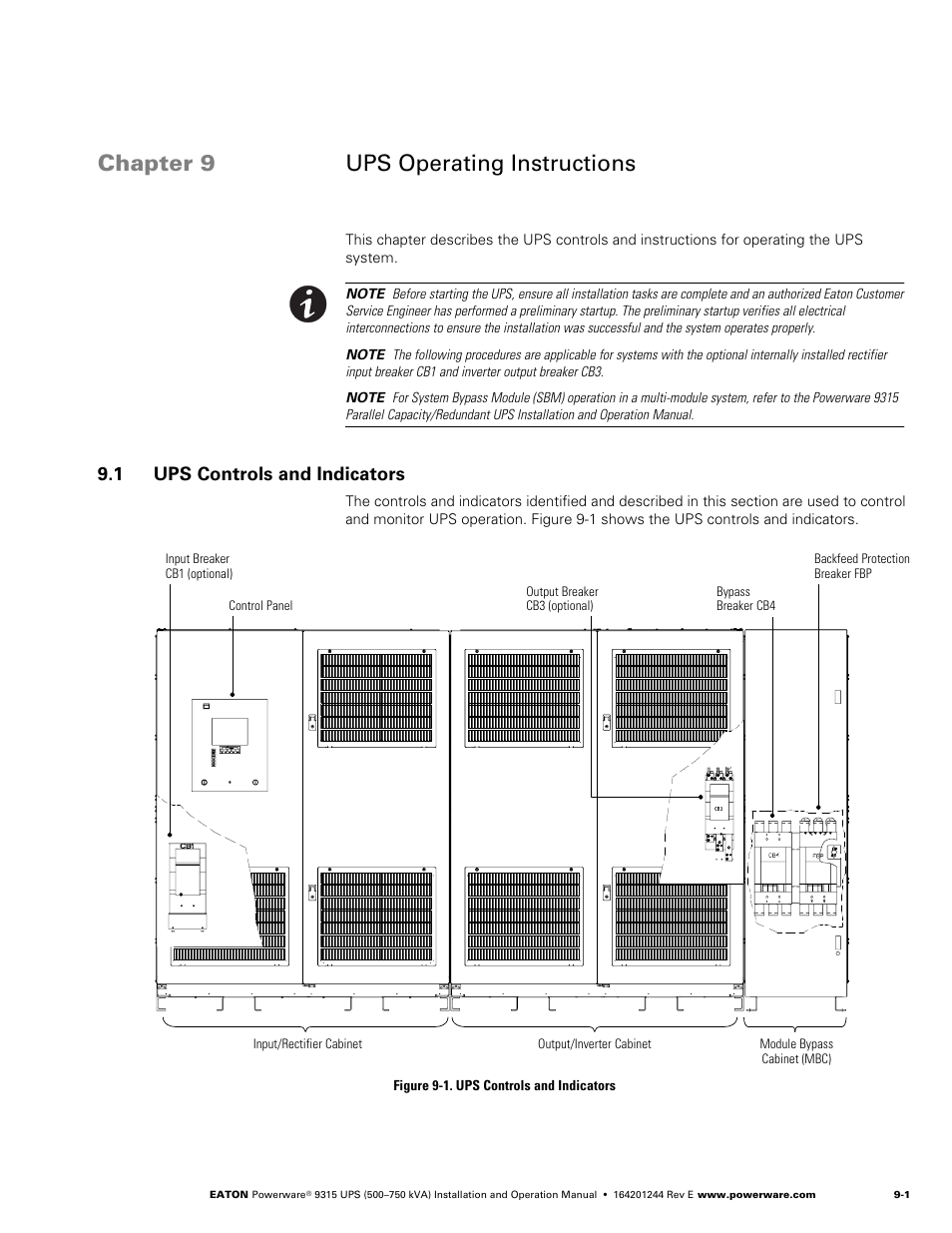 Chapter 9 - ups operating instructions, 1 ups controls and indicators, Ups operating instructions | Ups controls and indicators, Figure 9‐1. ups controls and indicators, Chapter 9 ups operating instructions | Powerware 9315 User Manual | Page 71 / 154