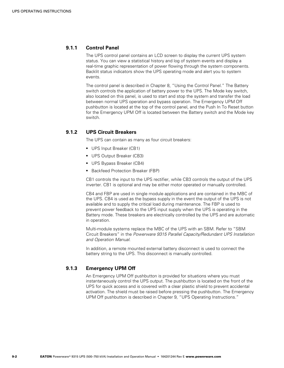 1 control panel, 2 ups circuit breakers, 3 emergency upm off | Control panel, Ups circuit breakers, Emergency upm off | Powerware 9315 User Manual | Page 72 / 154