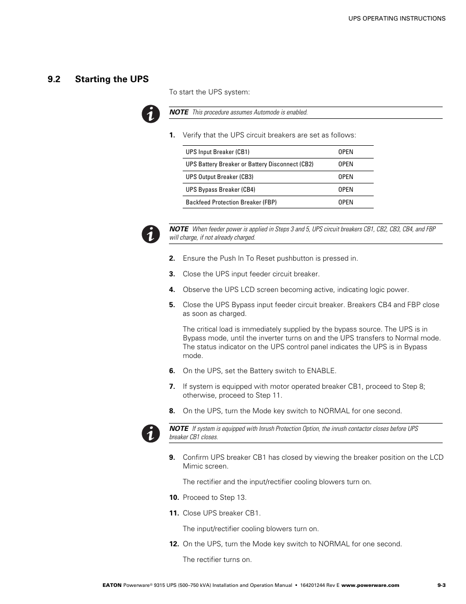 2 starting the ups, Starting the ups | Powerware 9315 User Manual | Page 73 / 154