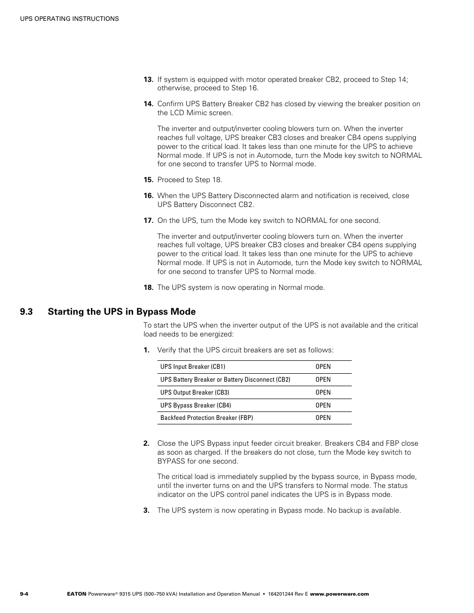 3 starting the ups in bypass mode, Starting the ups in bypass mode | Powerware 9315 User Manual | Page 74 / 154