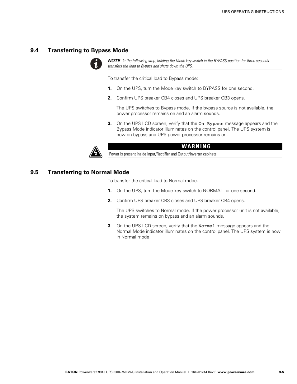 4 transferring to bypass mode, 5 transferring to normal mode, Transferring to bypass mode | Transferring to normal mode | Powerware 9315 User Manual | Page 75 / 154