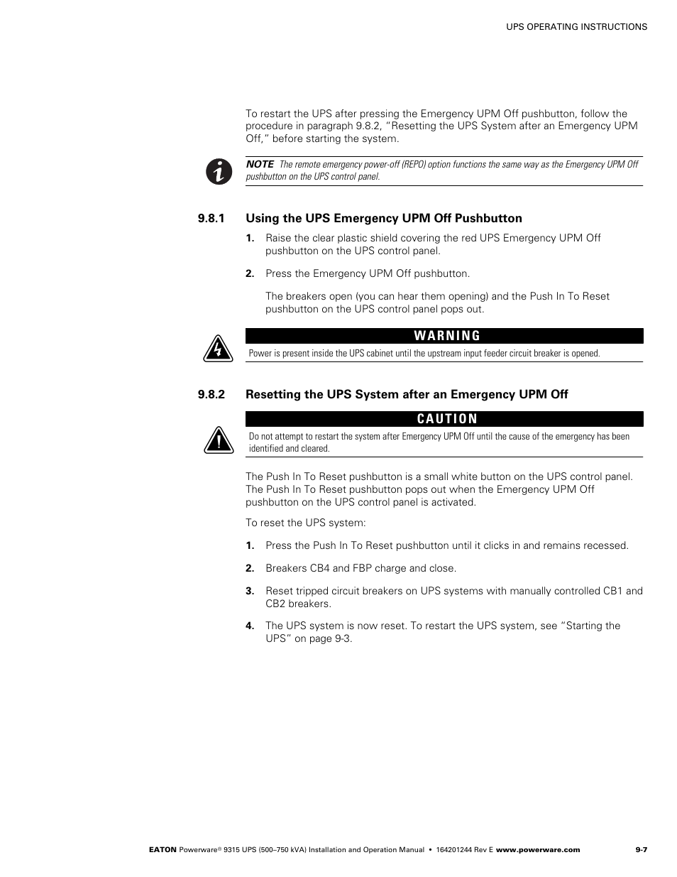 1 using the ups emergency upm off pushbutton, Using the ups emergency upm off pushbutton | Powerware 9315 User Manual | Page 77 / 154