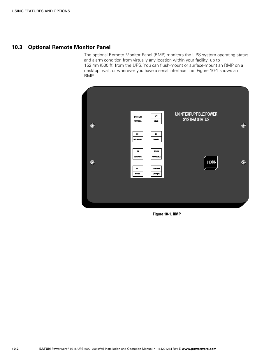 3 optional remote monitor panel, Optional remote monitor panel, Figure 10‐1. rmp | Powerware 9315 User Manual | Page 80 / 154