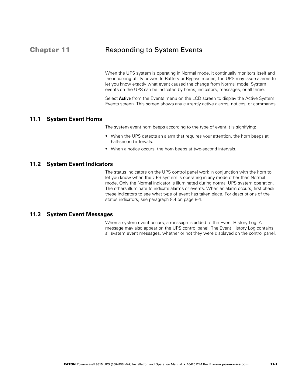 Chapter 11 - responding to system events, 1 system event horns, 2 system event indicators | 3 system event messages, Responding to system events, System event horns, System event indicators, System event messages, Chapter 11 responding to system events | Powerware 9315 User Manual | Page 85 / 154