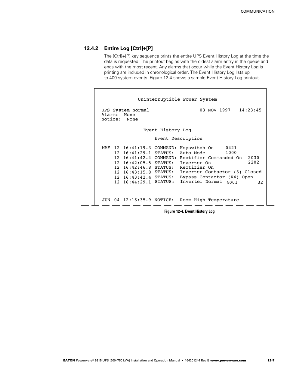 2 entire log [ctrl]+[p, Entire log [ctrl]+[p, Figure 12‐4. event history log | Powerware 9315 User Manual | Page 93 / 154