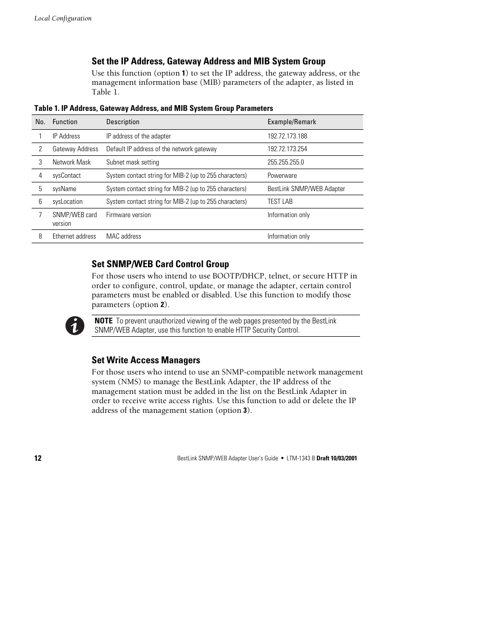 Set snmp/web card control group, Set write access managers | Powerware BestLink IPK-0319 User Manual | Page 18 / 44