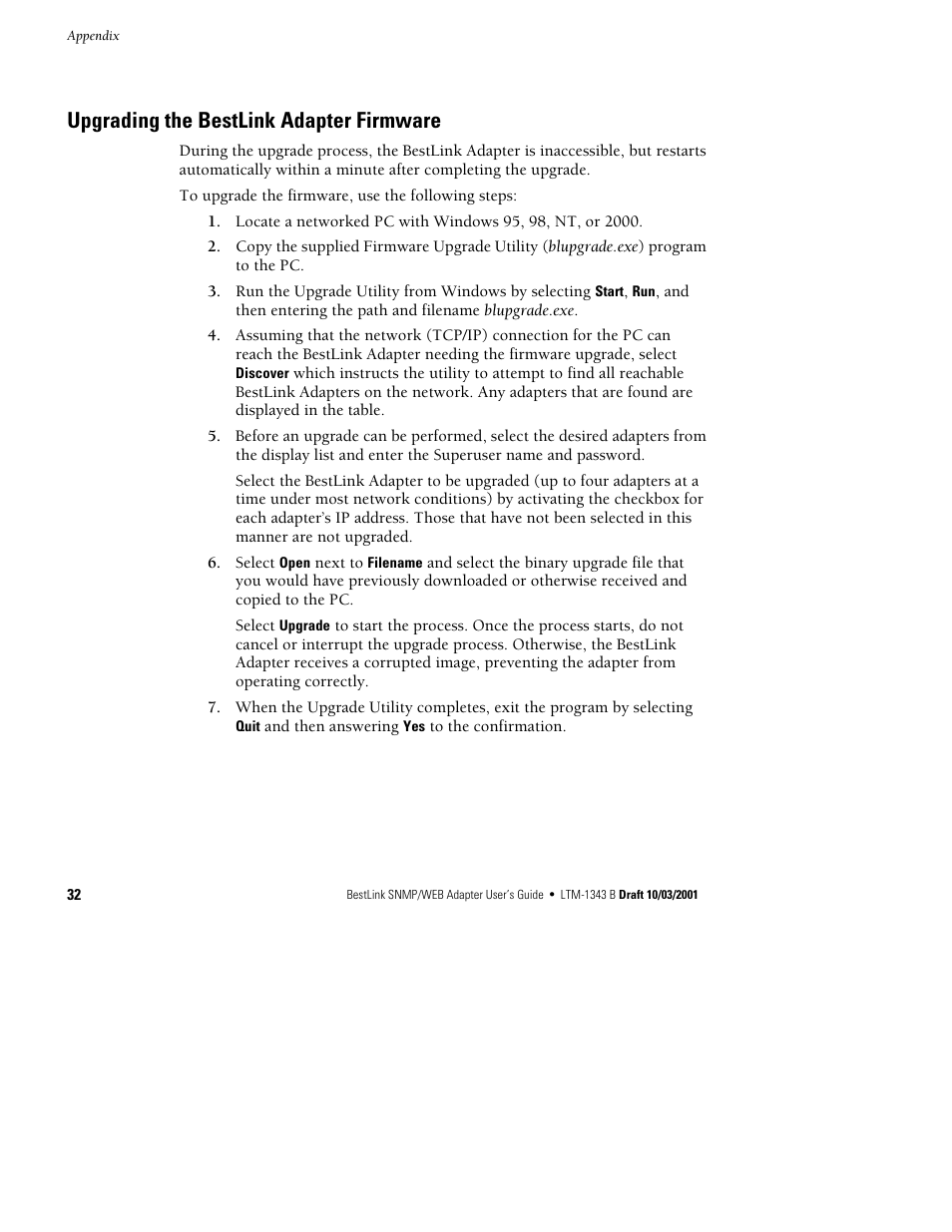 Upgrading the bestlink adapter firmware | Powerware BestLink IPK-0319 User Manual | Page 38 / 44